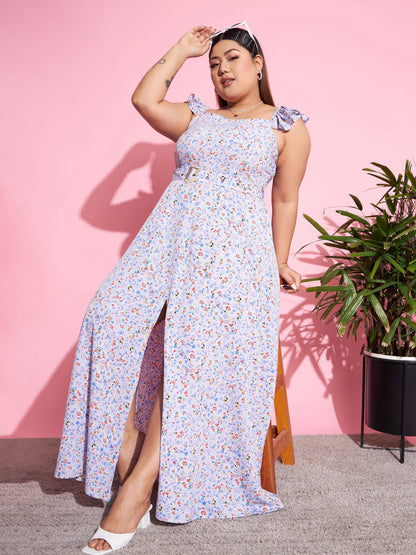 Blue Floral Front Slit Belted Maxi Dress