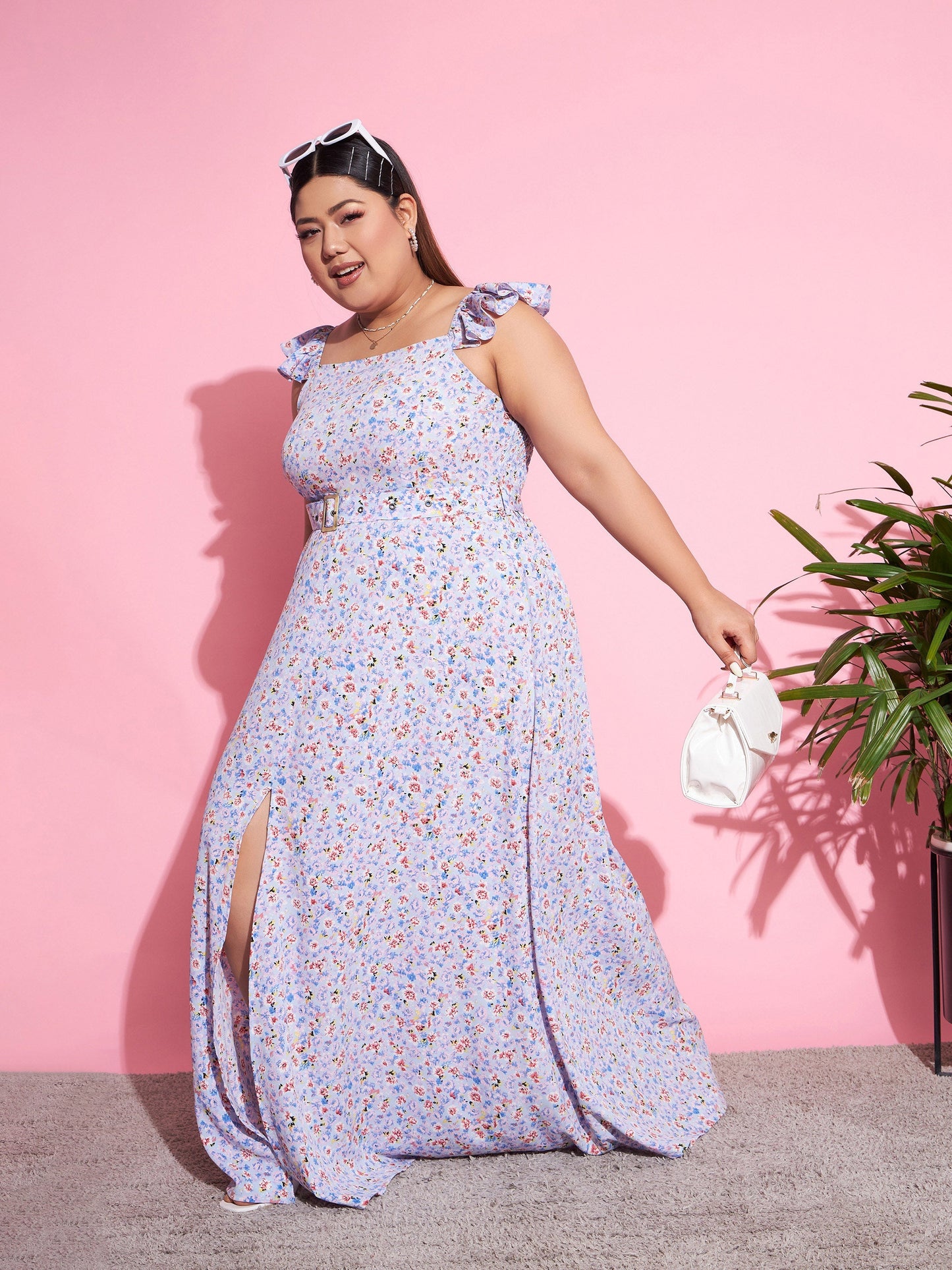 Blue Floral Front Slit Belted Maxi Dress