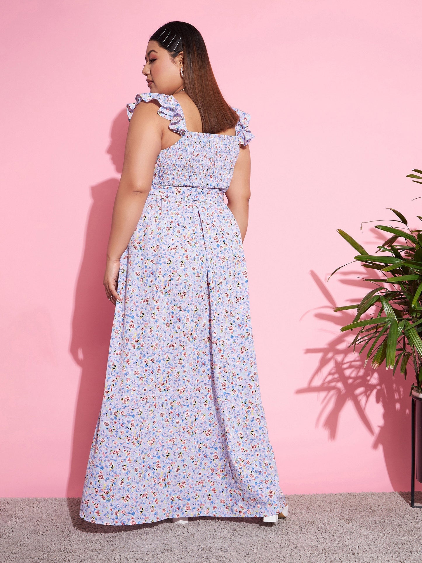 Blue Floral Front Slit Belted Maxi Dress