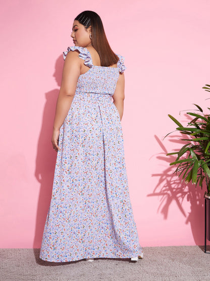 Blue Floral Front Slit Belted Maxi Dress