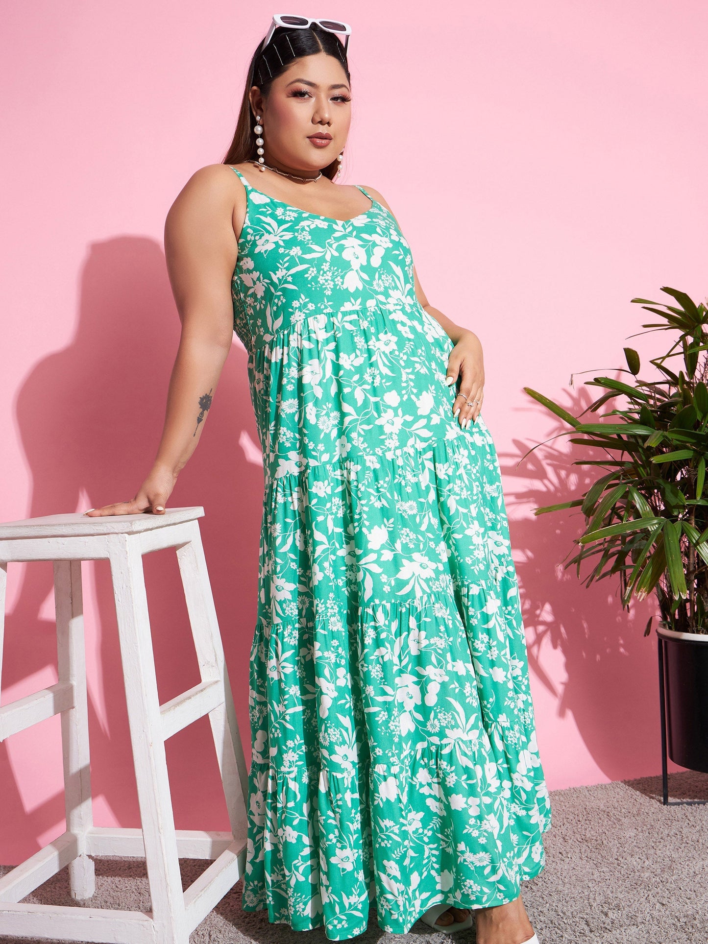 Green & White Floral Rayon Tiered Maxi Dress