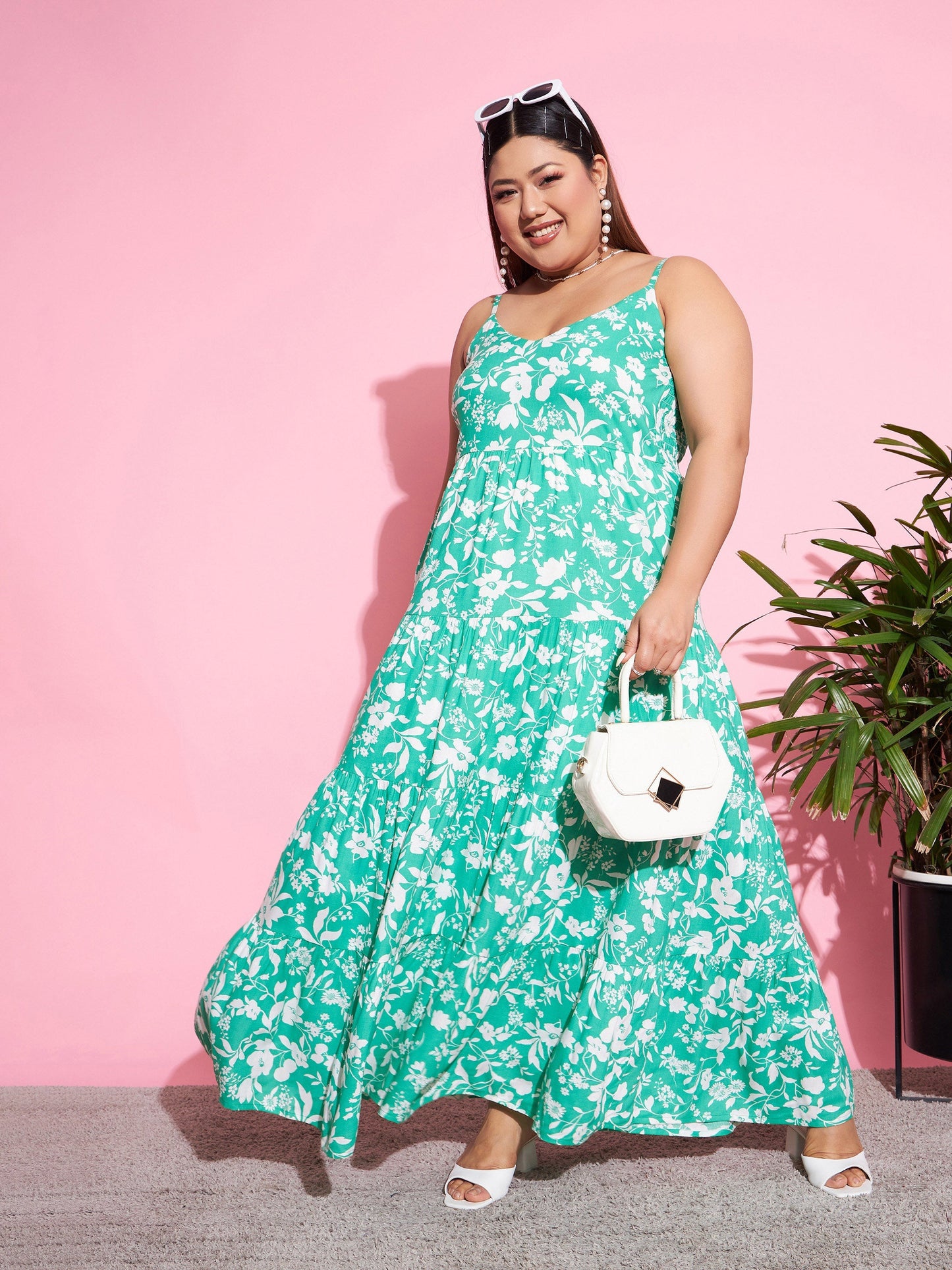 Green & White Floral Rayon Tiered Maxi Dress