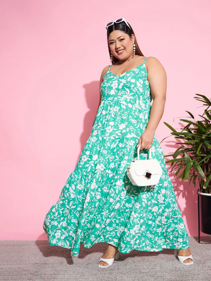 Green & White Floral Rayon Tiered Maxi Dress