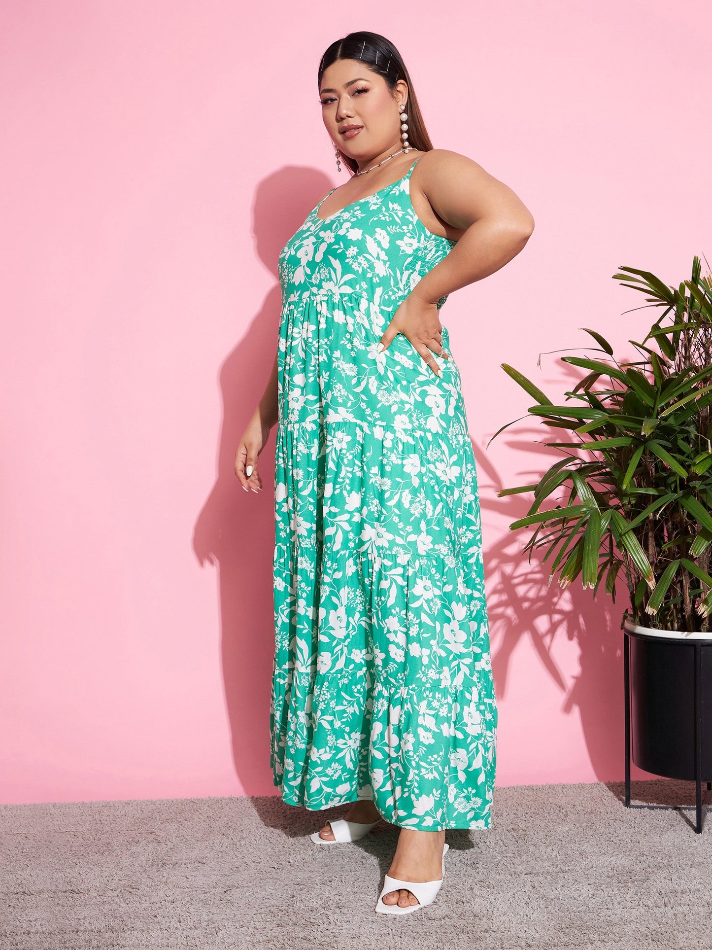 Green & White Floral Rayon Tiered Maxi Dress
