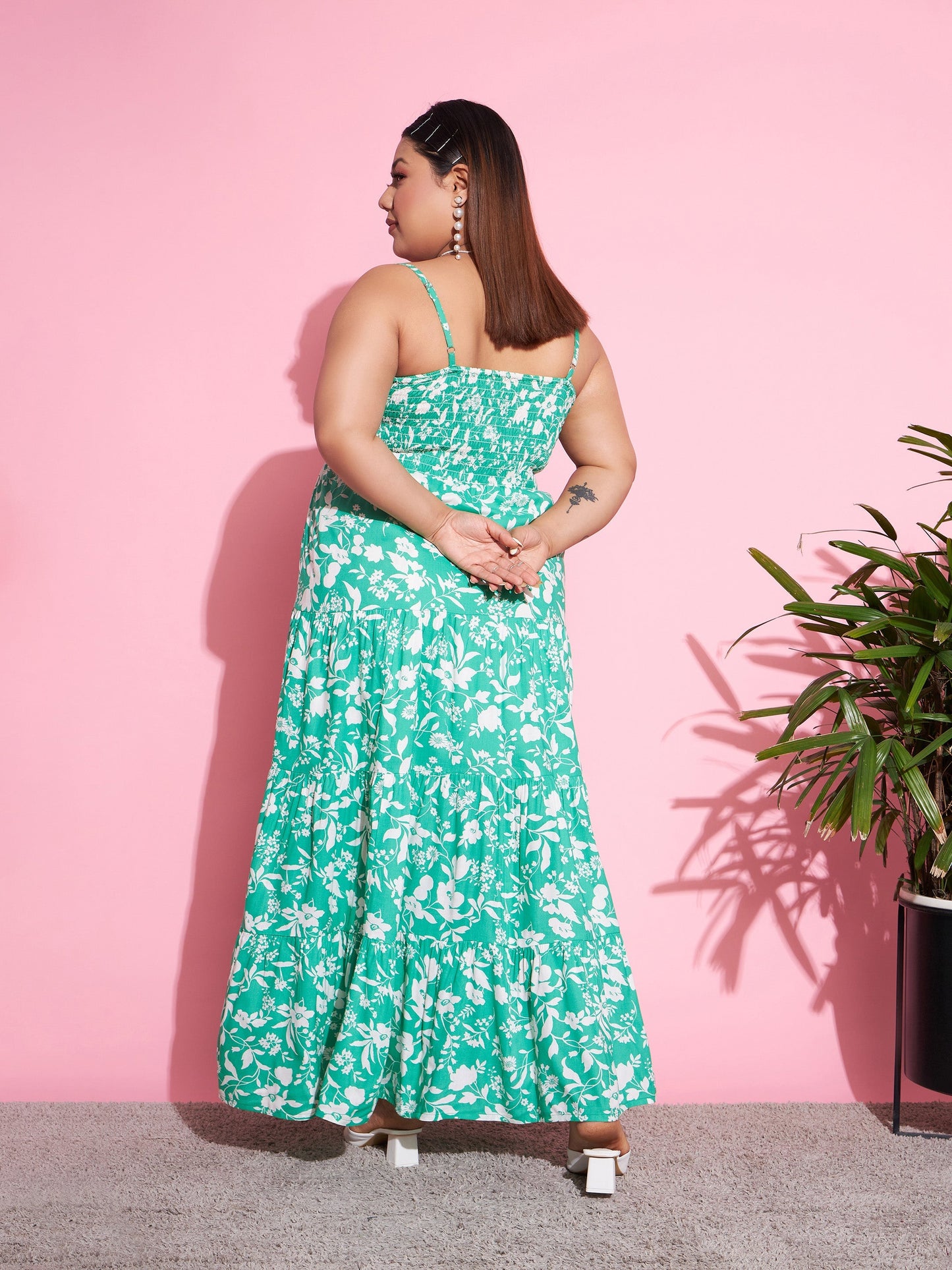 Green & White Floral Rayon Tiered Maxi Dress