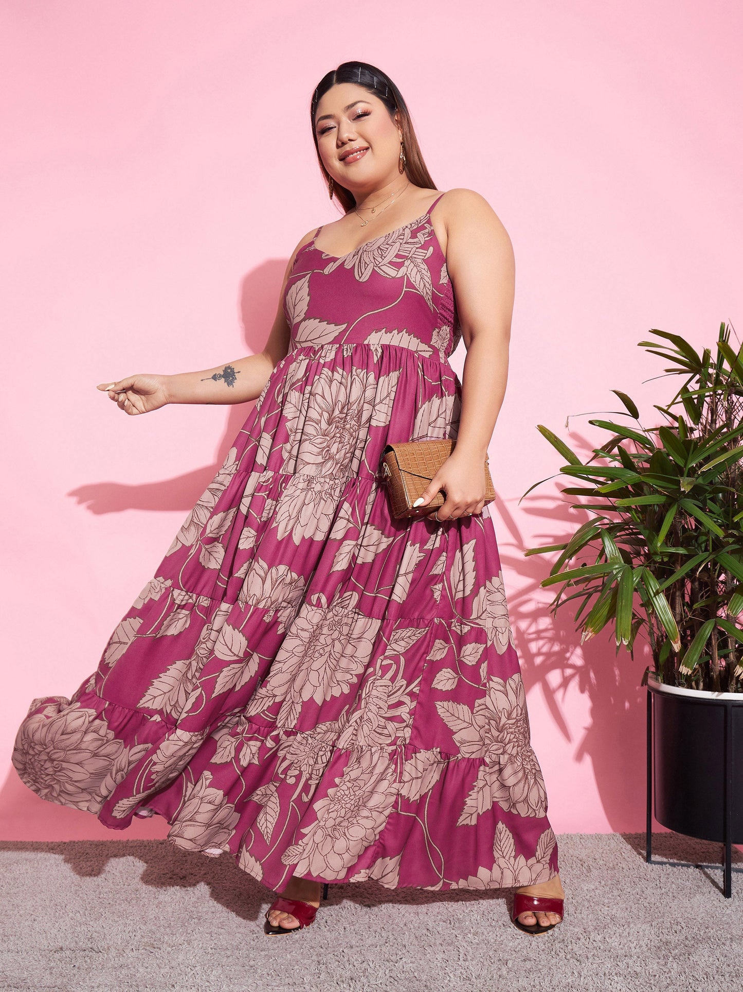 Magenta Floral Tiered Maxi Dress