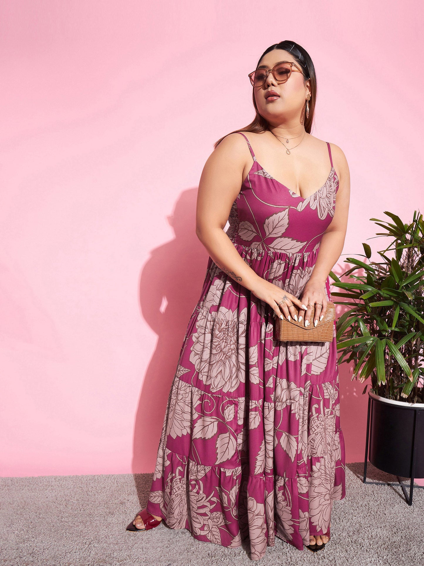 Magenta Floral Tiered Maxi Dress