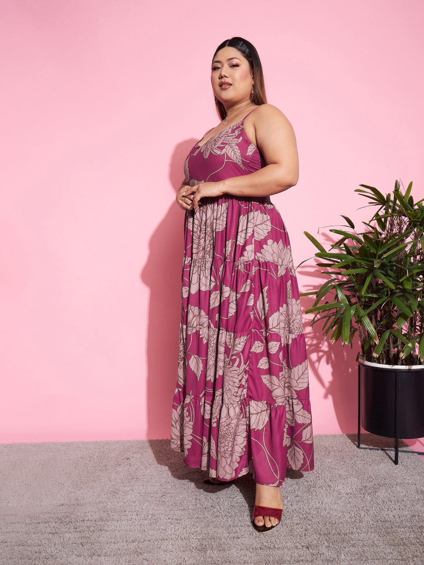 Magenta Floral Tiered Maxi Dress