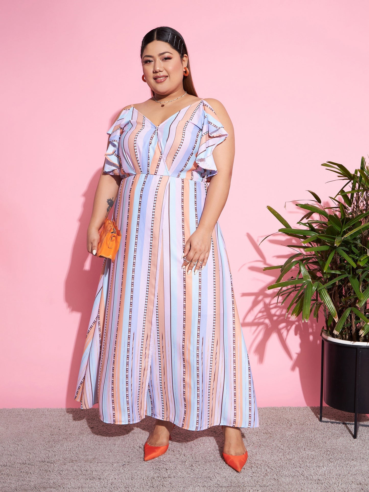 Multi Stripes Front Slit Maxi Dress