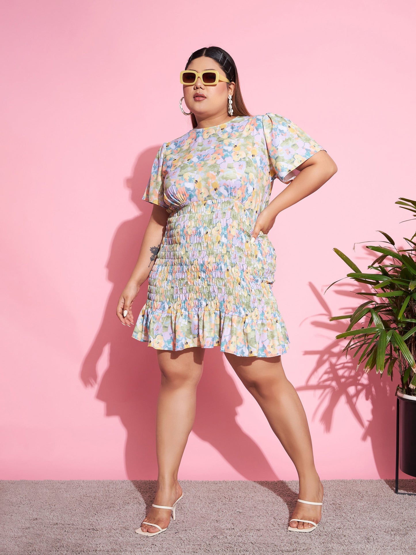 Green Floral Smocked Short Dress