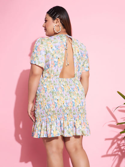 Green Floral Smocked Short Dress