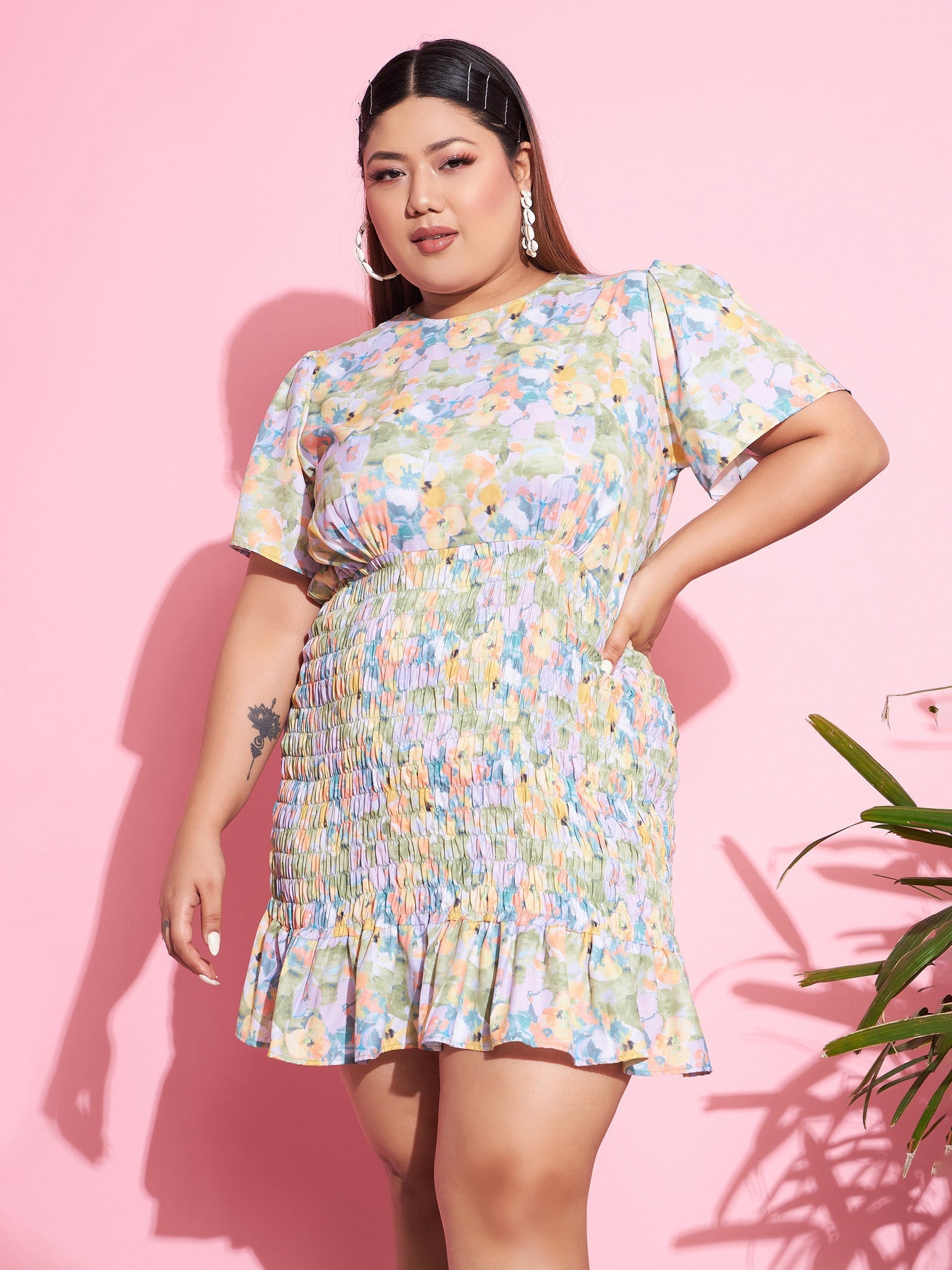 Green Floral Smocked Short Dress