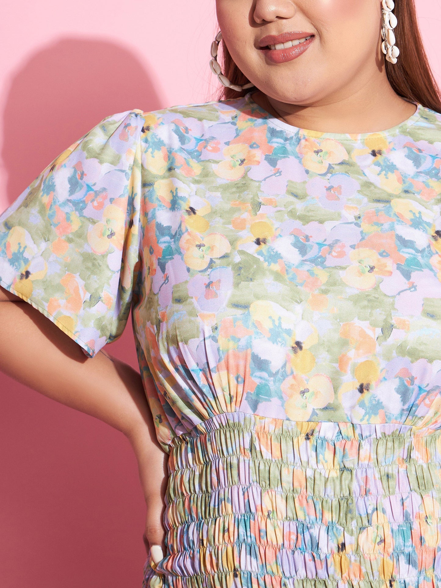 Green Floral Smocked Short Dress