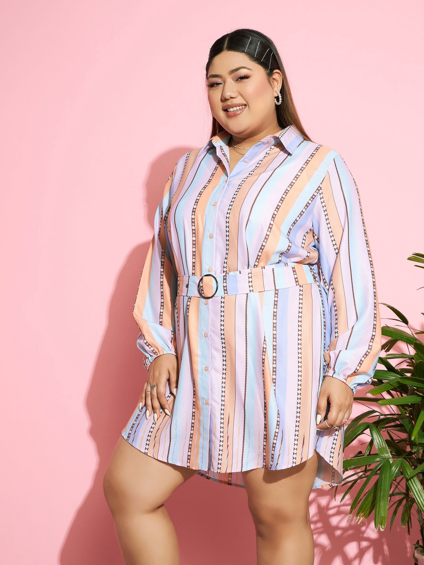 Multi Stripes Belted Shirt Dress