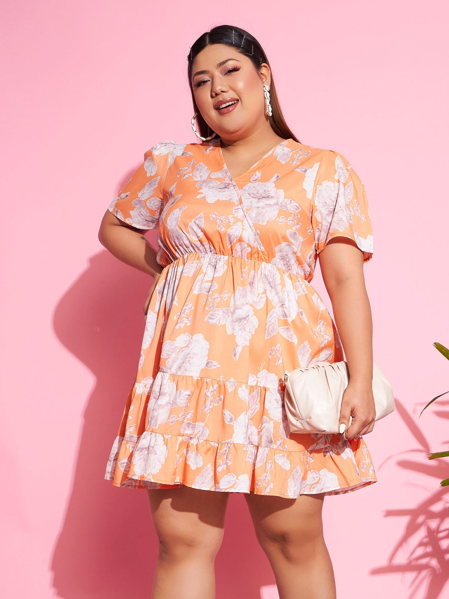 Orange Floral Short Wrap Dress