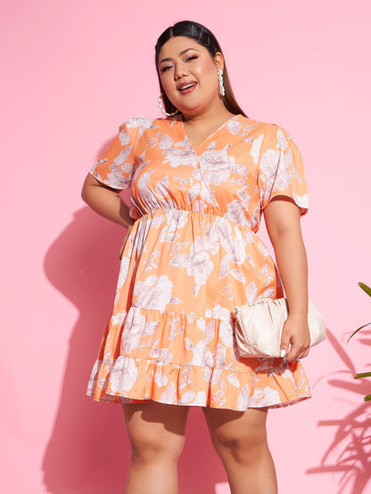 Orange Floral Short Wrap Dress