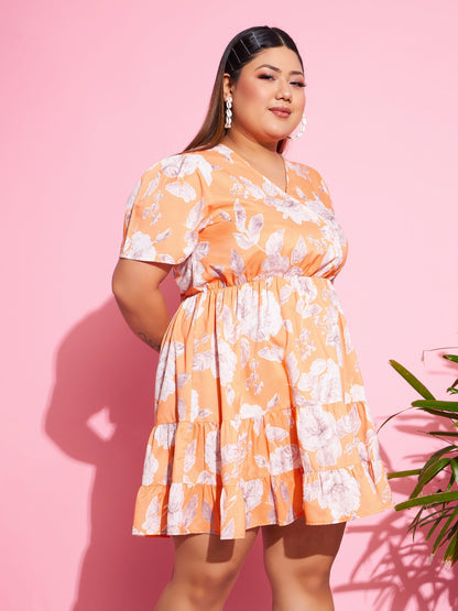 Orange Floral Short Wrap Dress