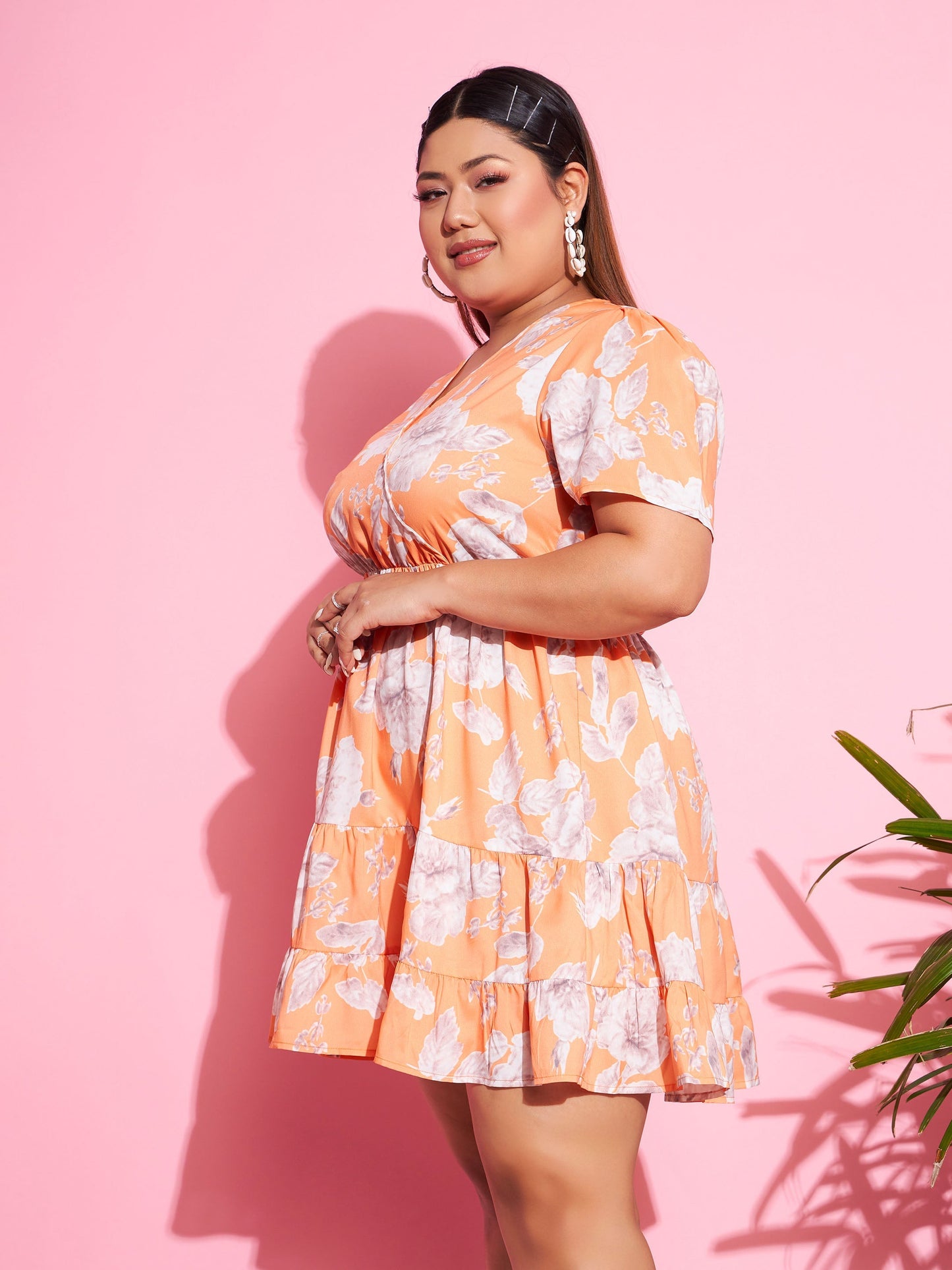 Orange Floral Short Wrap Dress