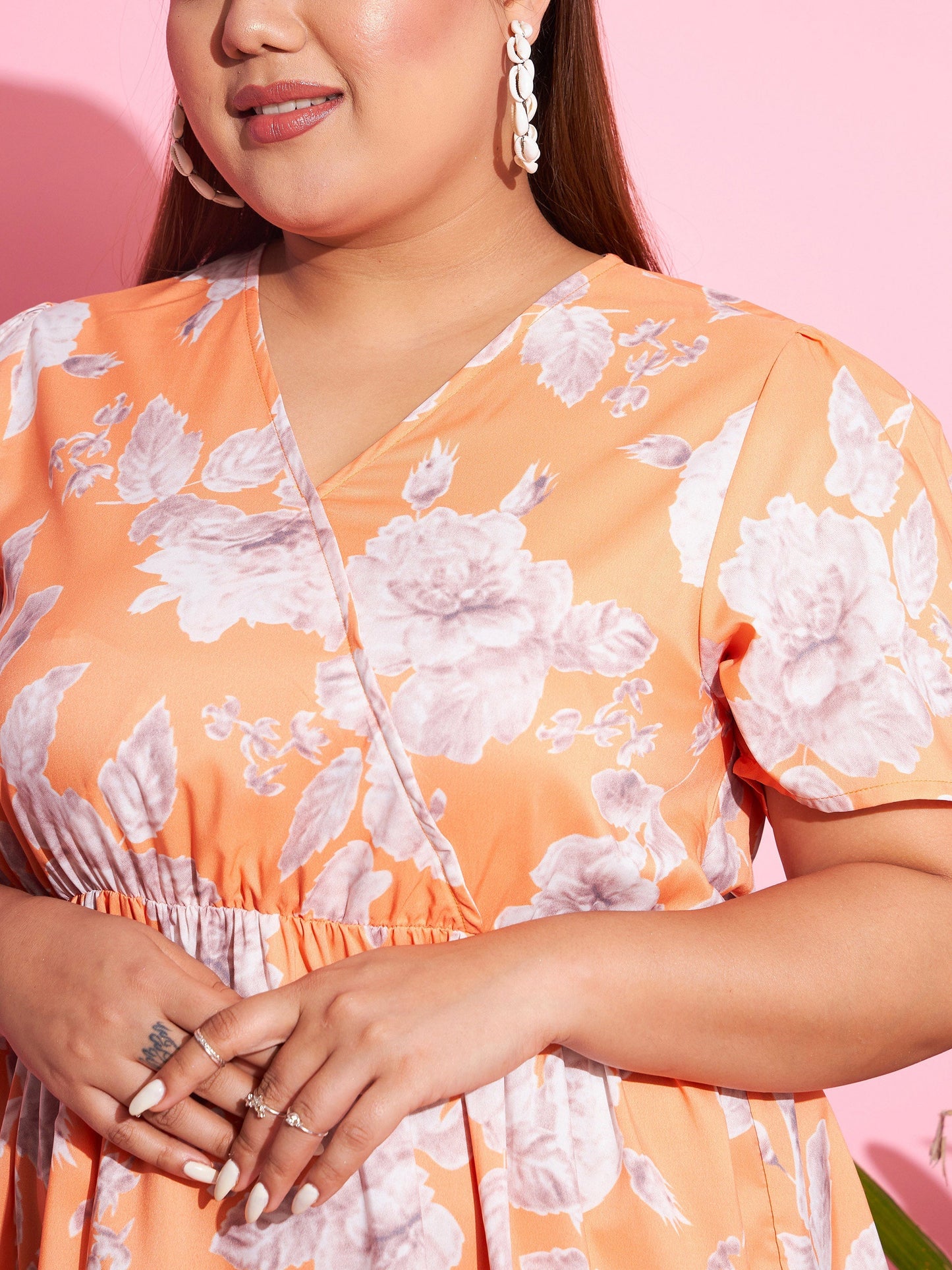 Orange Floral Short Wrap Dress
