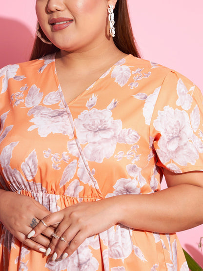 Orange Floral Short Wrap Dress