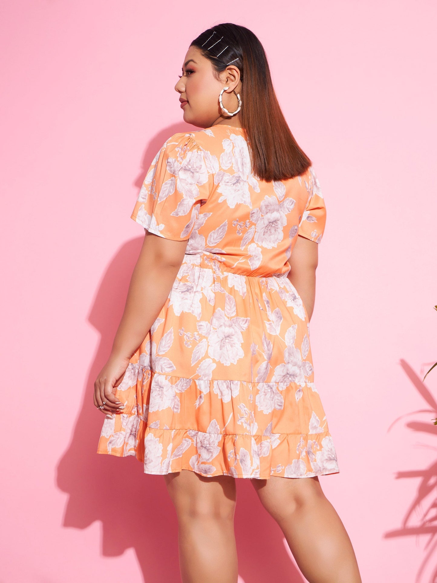 Orange Floral Short Wrap Dress