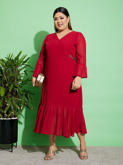 Plus size women's Maroon Georgette Maroon Chain Detail Wrap Dress by Sassafras Curve for wholesale buyers, boutiques, resellers and bulk orders from