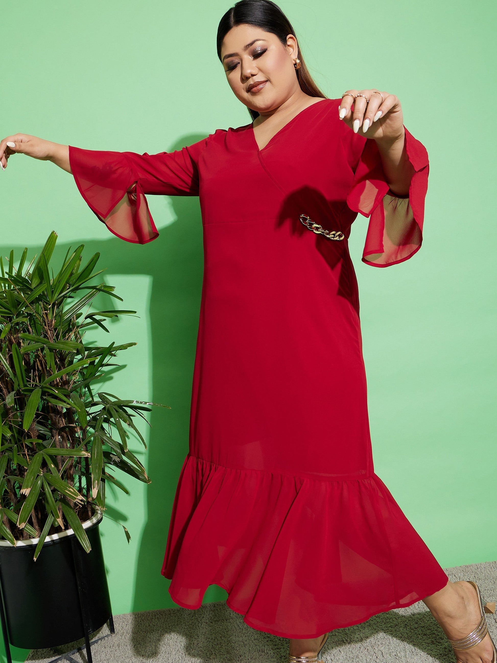 Maroon Chain Detail Wrap Dress-SASSAFRAS Curve