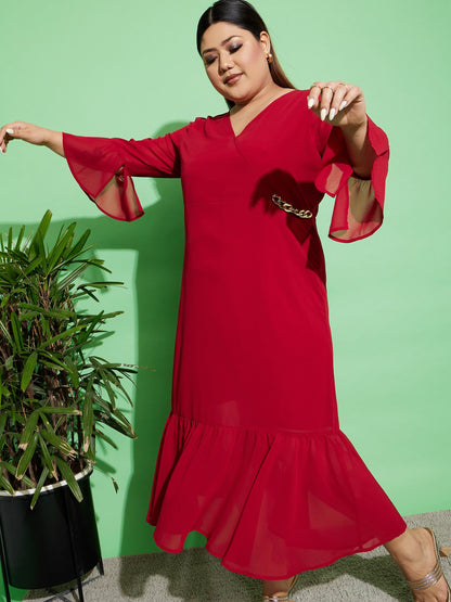 Maroon Chain Detail Wrap Dress-SASSAFRAS Curve