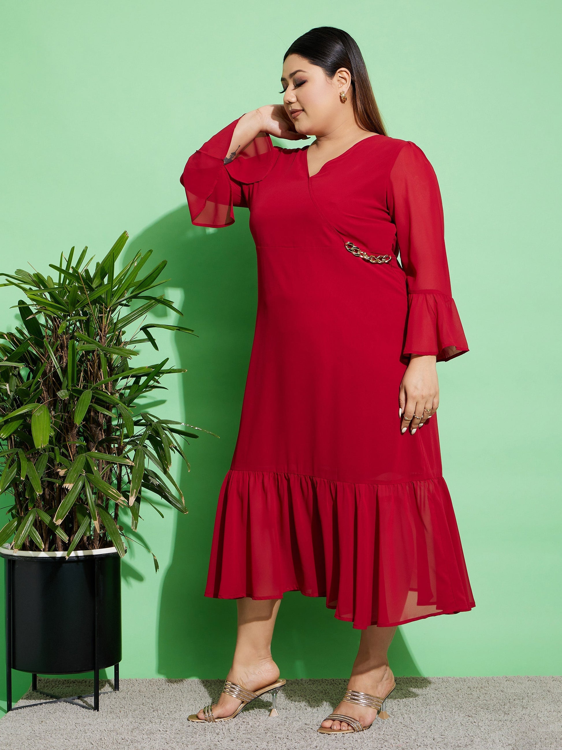 Maroon Chain Detail Wrap Dress-SASSAFRAS Curve