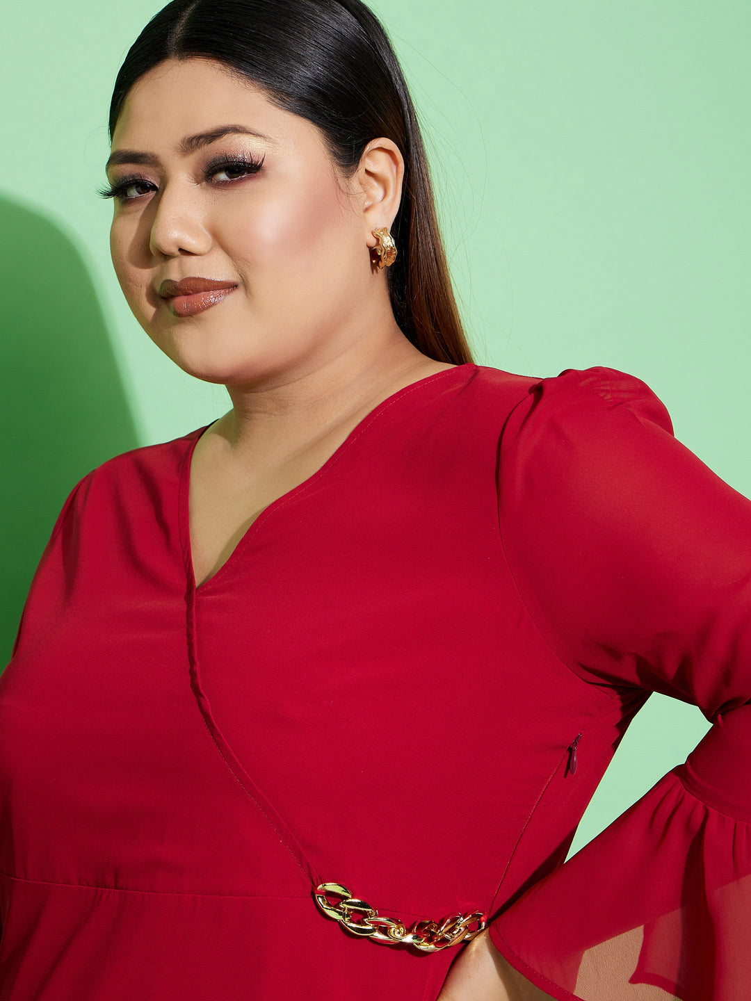 Maroon Chain Detail Wrap Dress-SASSAFRAS Curve