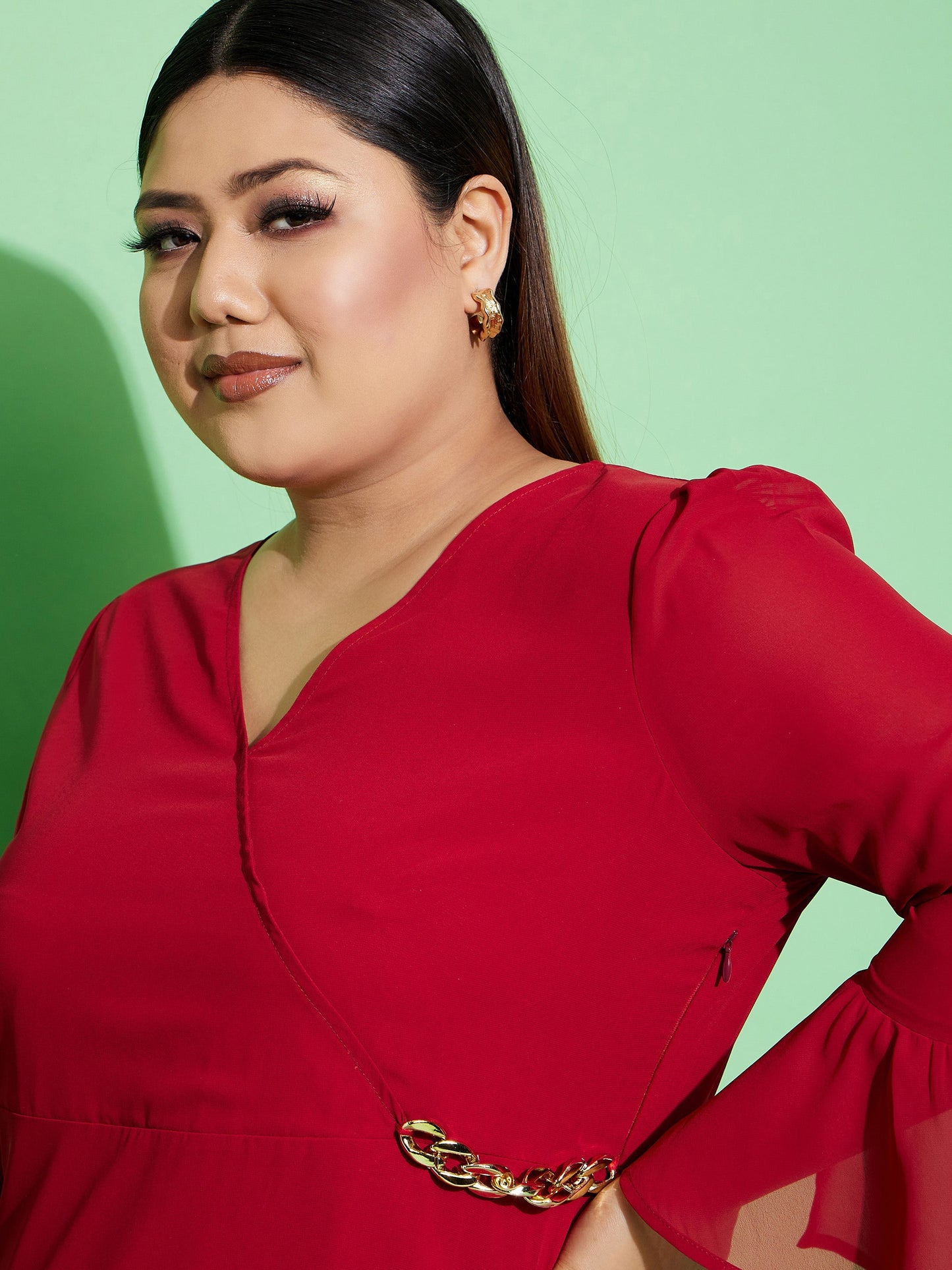 Maroon Chain Detail Wrap Dress-SASSAFRAS Curve