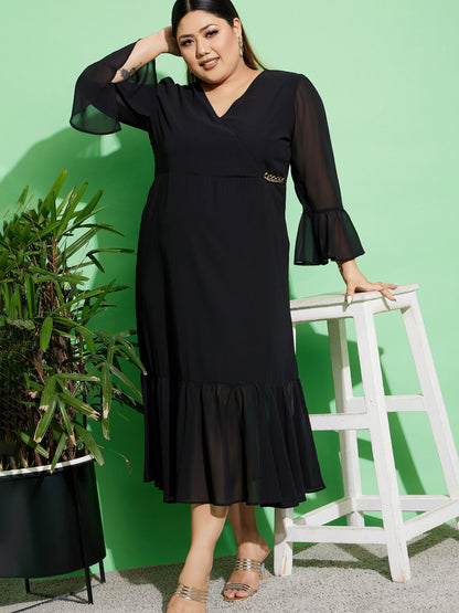 Plus size women's Black Georgette Black Chain Detail Wrap Dress by Sassafras Curve for wholesale buyers, boutiques, resellers and bulk orders from