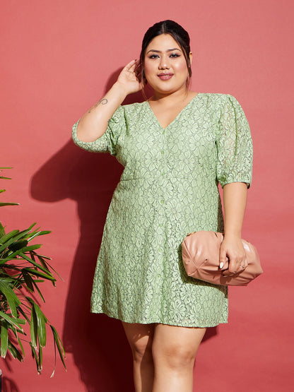 Green Lace Front Button Dress
