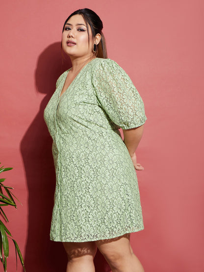 Green Lace Front Button Dress