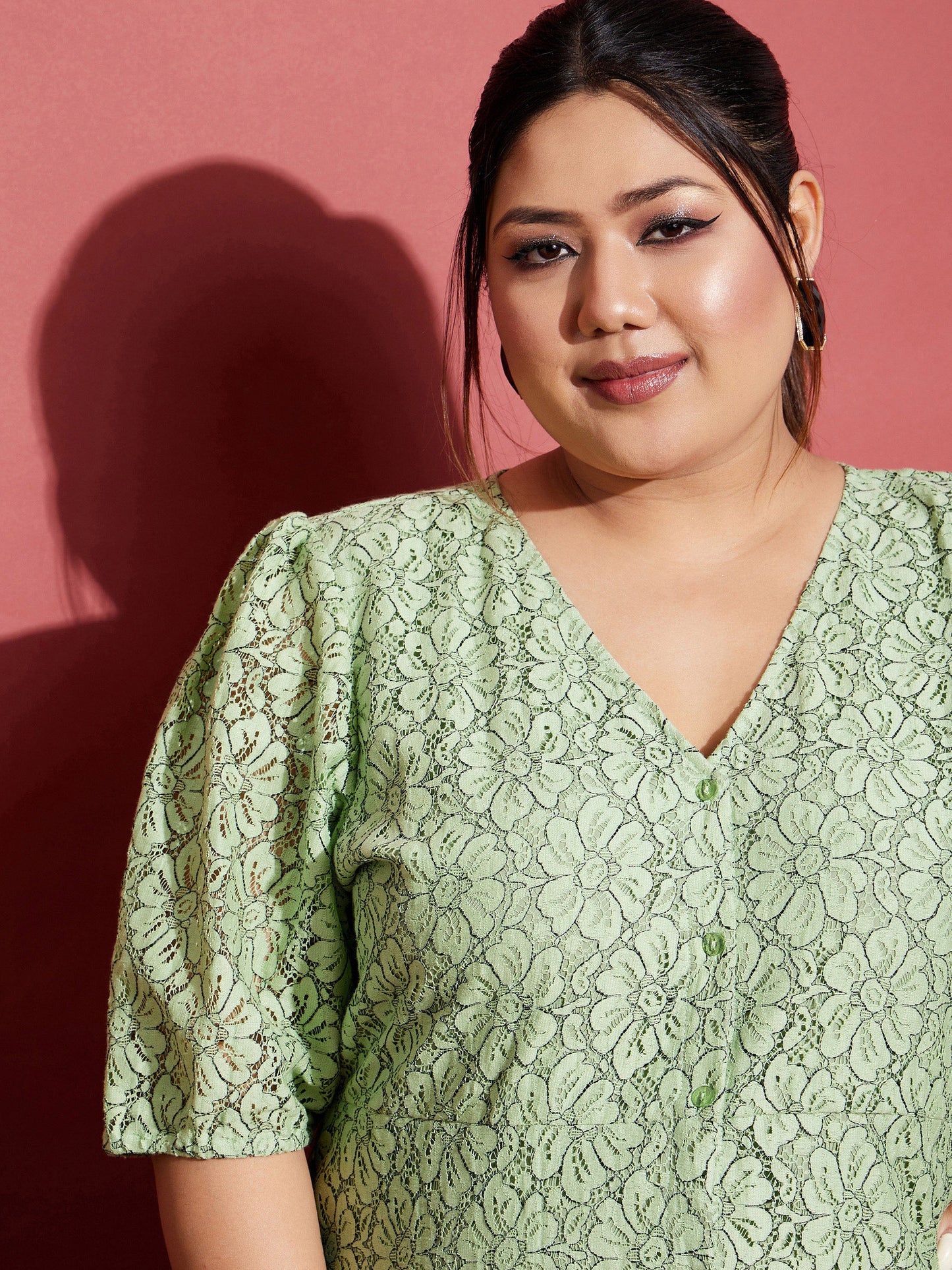 Green Lace Front Button Dress
