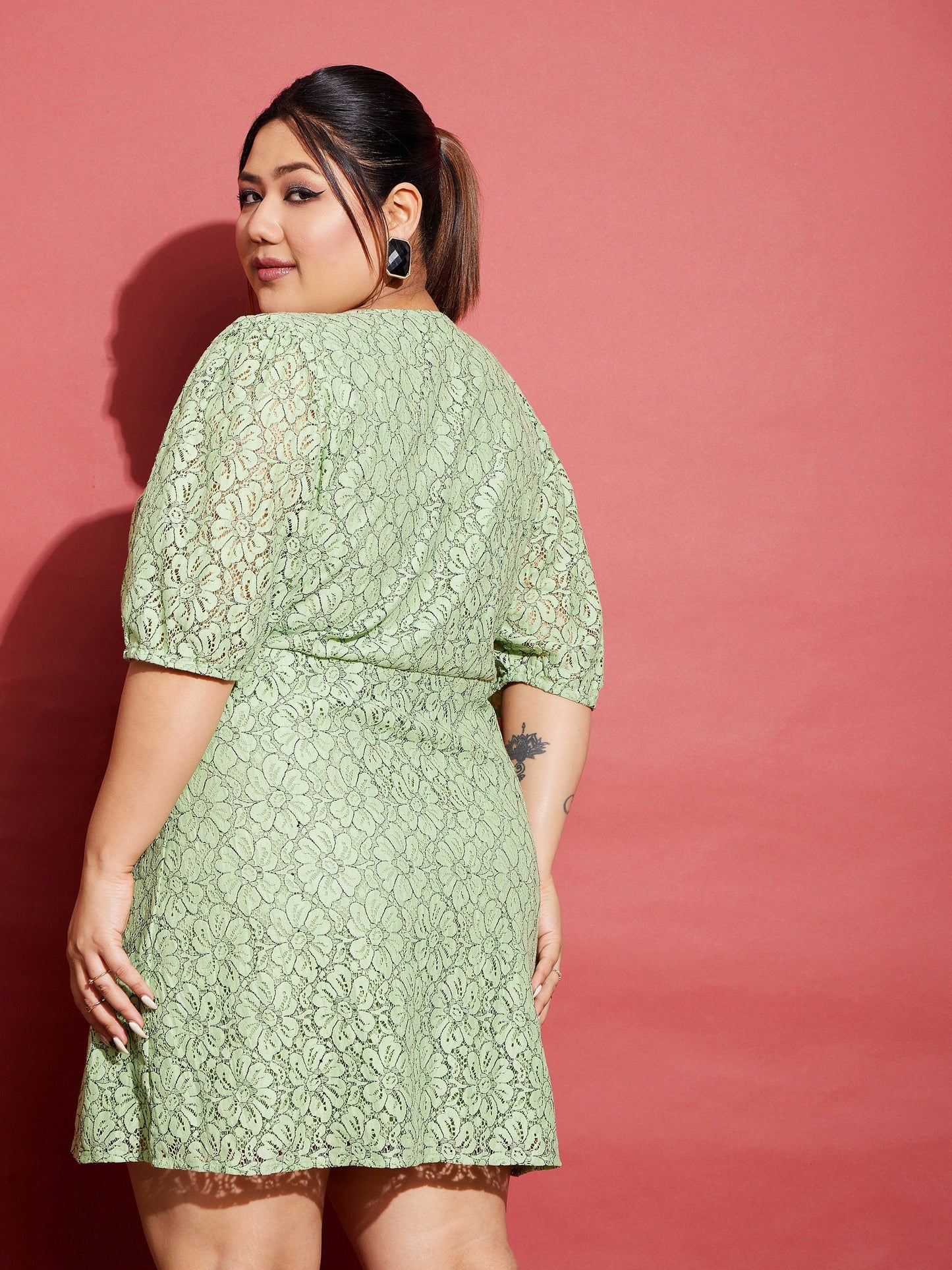 Green Lace Front Button Dress