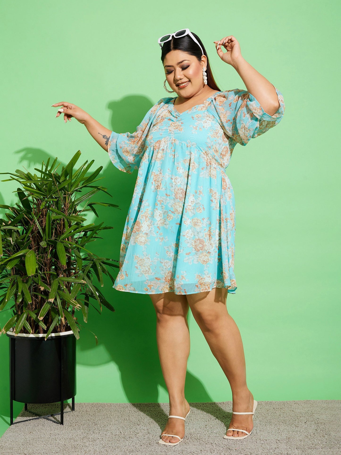 Blue Floral Chiffon Back Detail Skater Dress