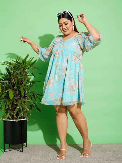 Blue Floral Chiffon Back Detail Skater Dress