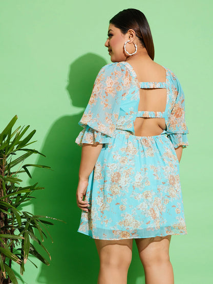 Blue Floral Chiffon Back Detail Skater Dress