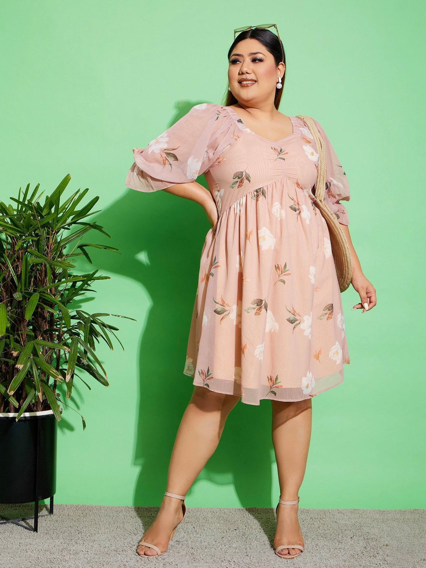 Beige Floral Chiffon Back Detail Skater Dress