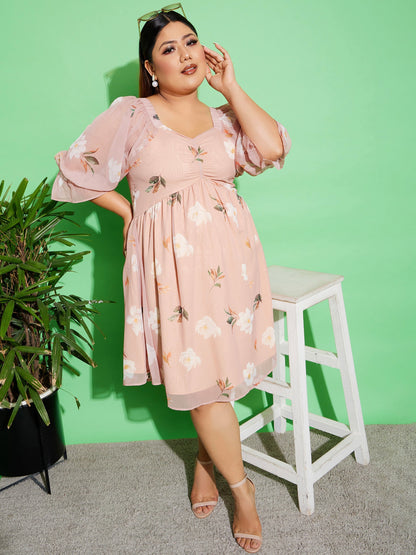 Beige Floral Chiffon Back Detail Skater Dress
