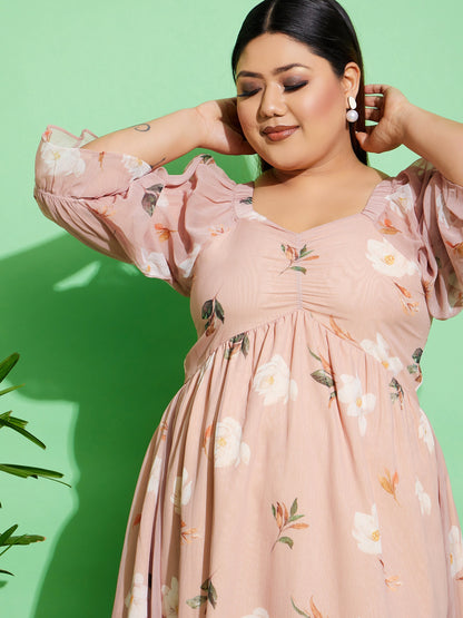 Beige Floral Chiffon Back Detail Skater Dress