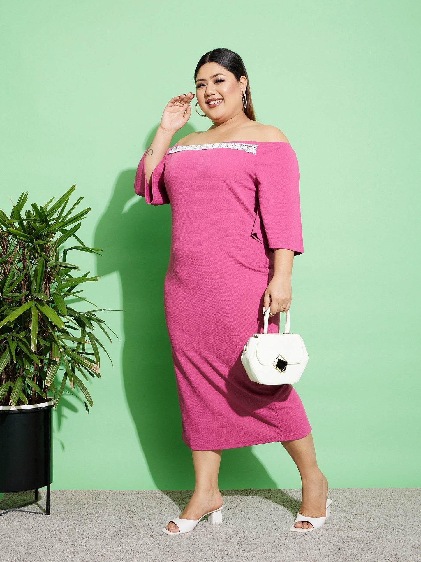 Pink Off Shoulder Bodycon Midi Dress