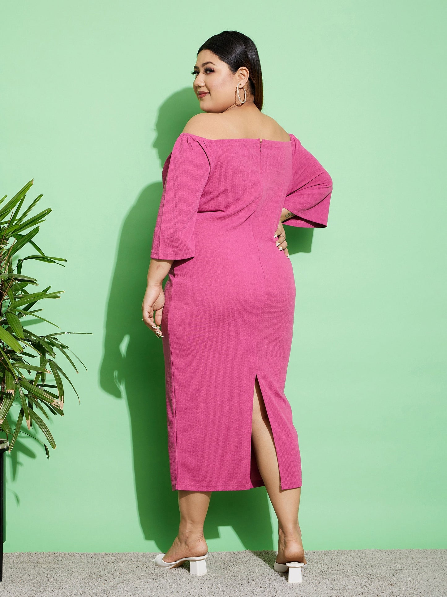 Pink Off Shoulder Bodycon Midi Dress