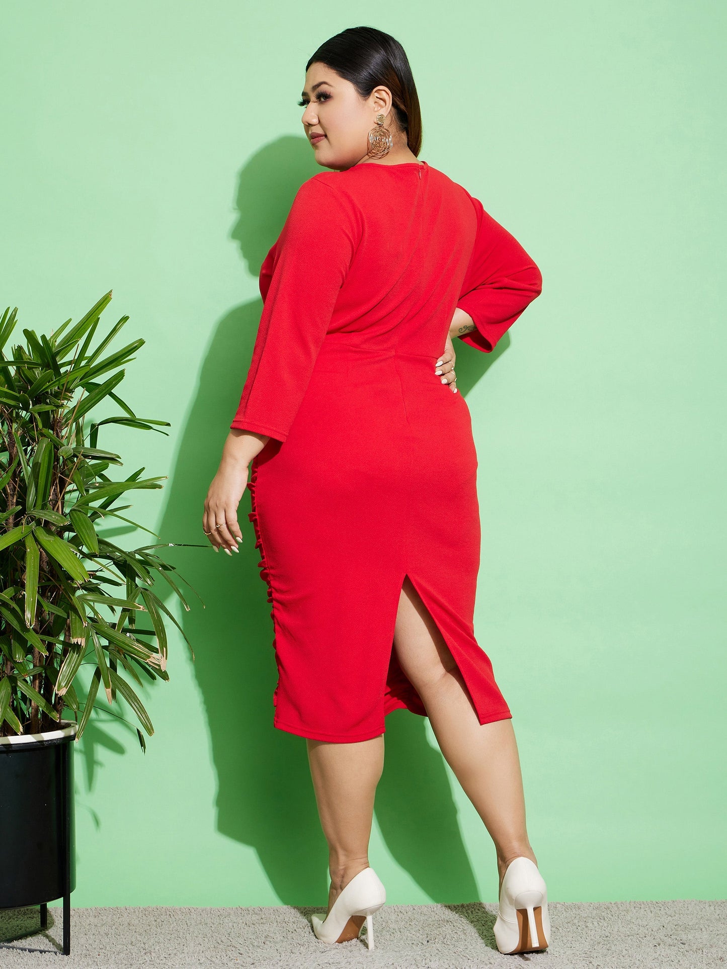 Red Ruched Bodycon Midi Dress