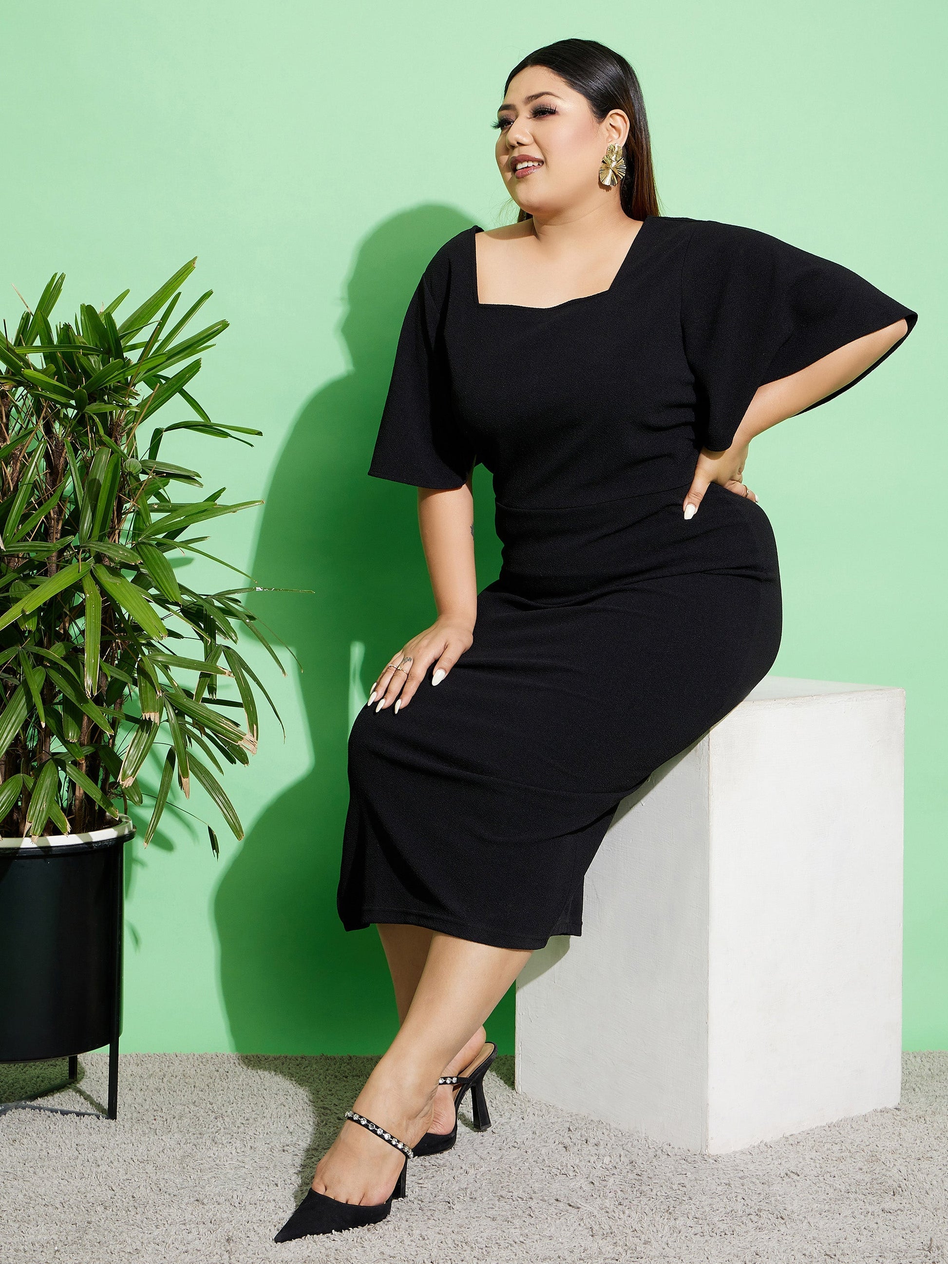 Plus size women's Black Karera Crepe Black Butterfly Sleeve Bodycon Ankle Dress by Sassafras Curve for wholesale buyers, boutiques, resellers and