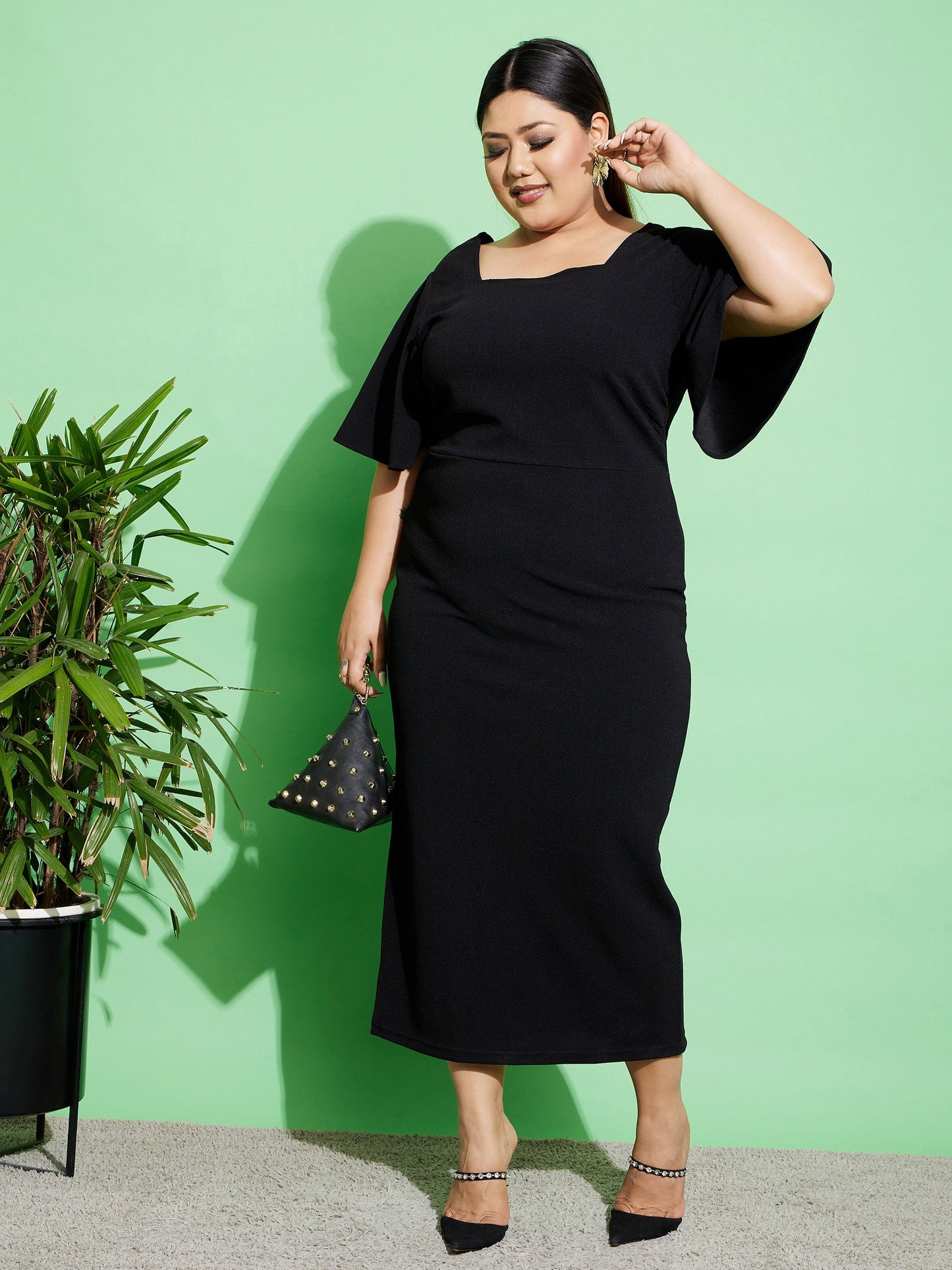 Black Butterfly Sleeve Bodycon Ankle Dress-SASSAFRAS Curve