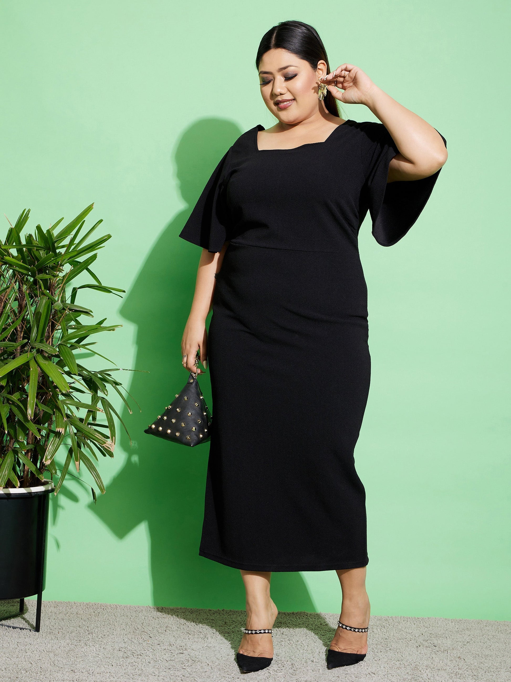 Black Butterfly Sleeve Bodycon Ankle Dress-SASSAFRAS Curve