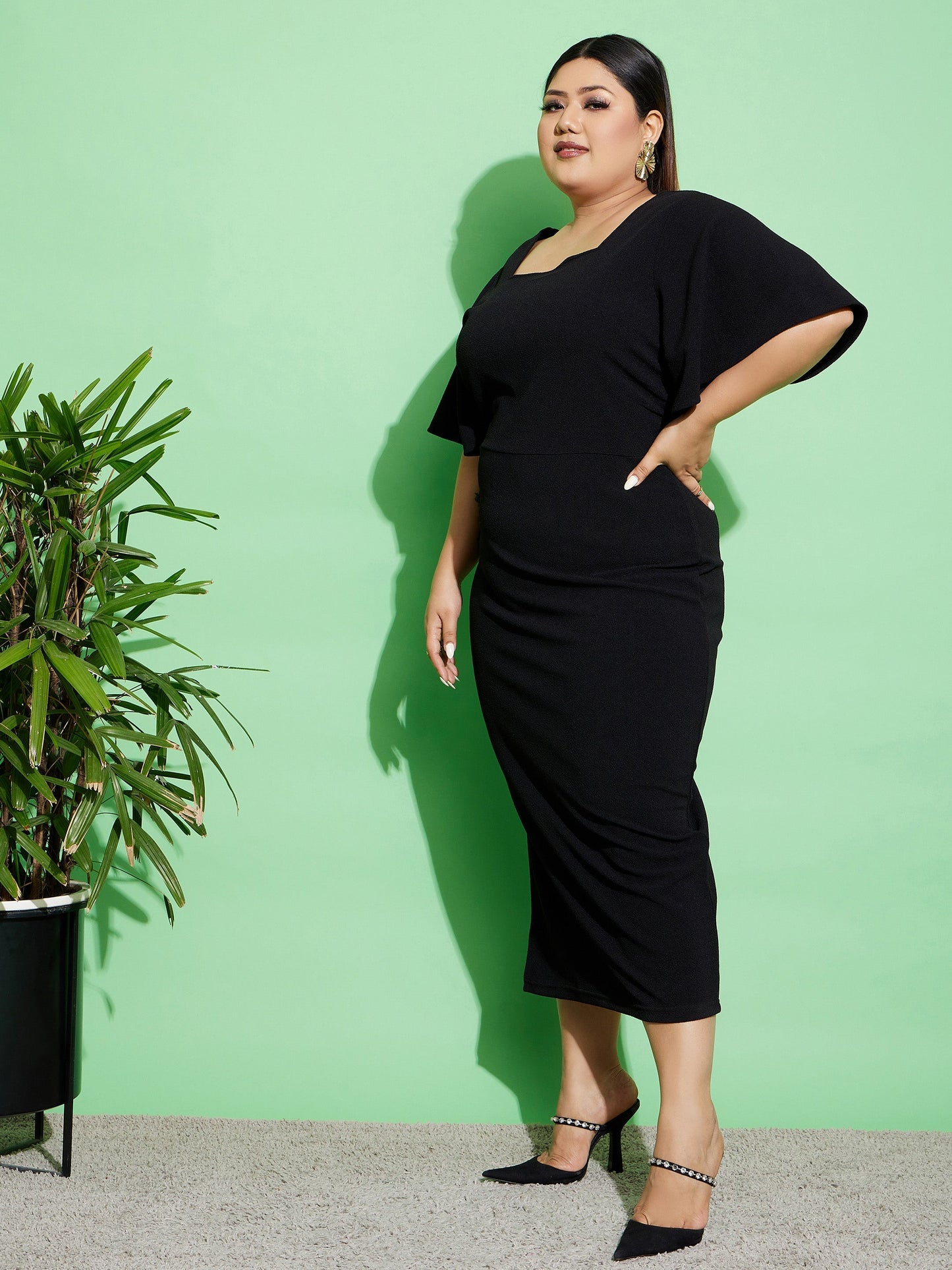 Black Butterfly Sleeve Bodycon Ankle Dress-SASSAFRAS Curve