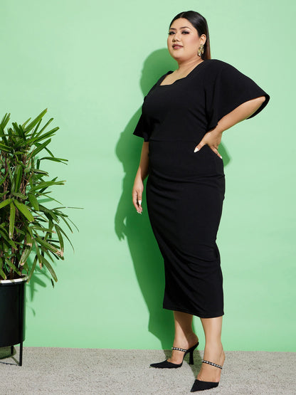 Black Butterfly Sleeve Bodycon Ankle Dress-SASSAFRAS Curve